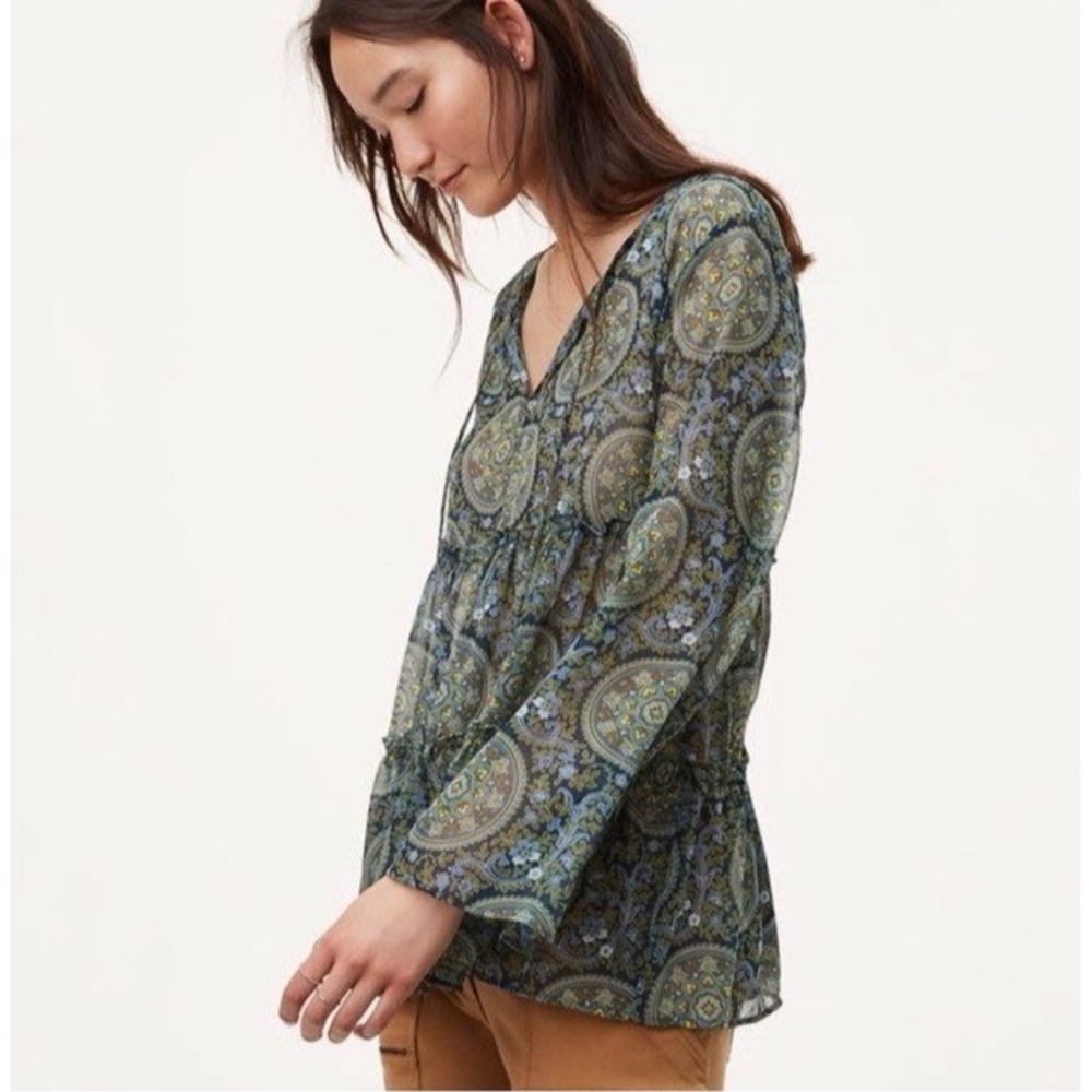 Loft Blouse Paisley Sheer XL‎ Green Boho Peasant Baby Doll Tiered Bell Sleeve - Picture 3 of 14